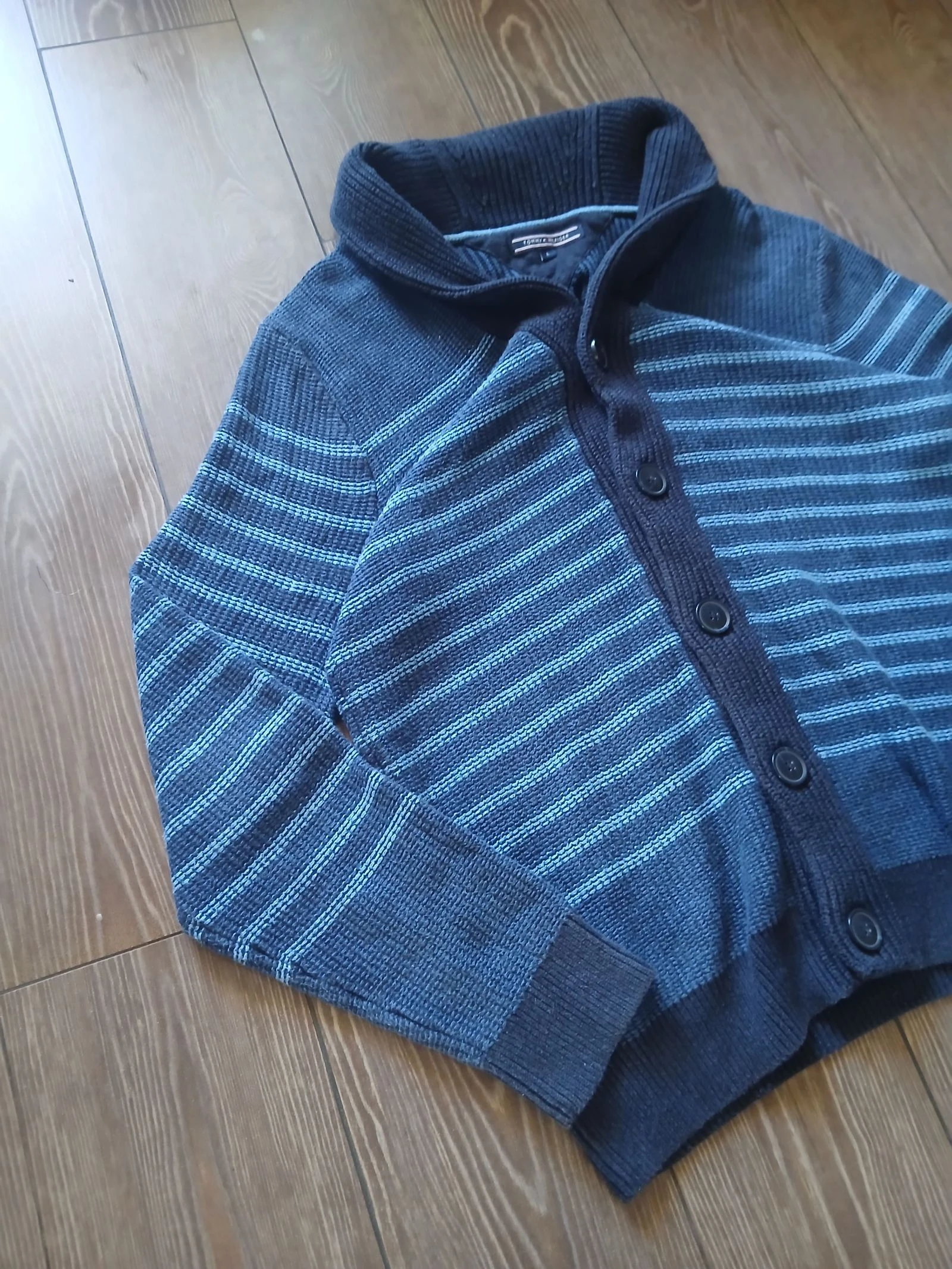 Tommy Hilfiger blauwe gestreepte shawl kraag cardigan trui maat L vintage gebreid – photo 3